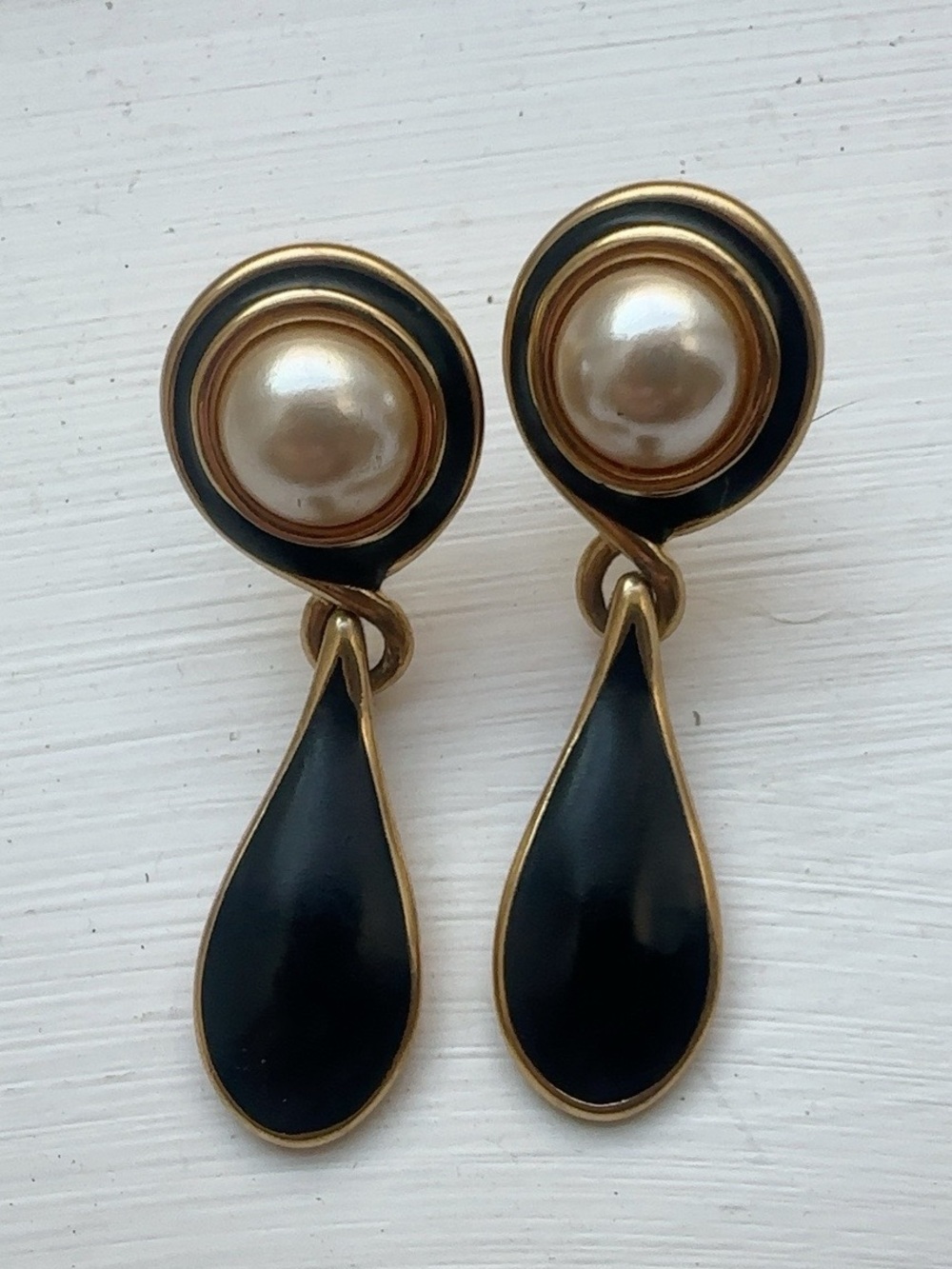 Vintage Napier Black Enamel Faux Pearl Drop Clip On Earrings Signed